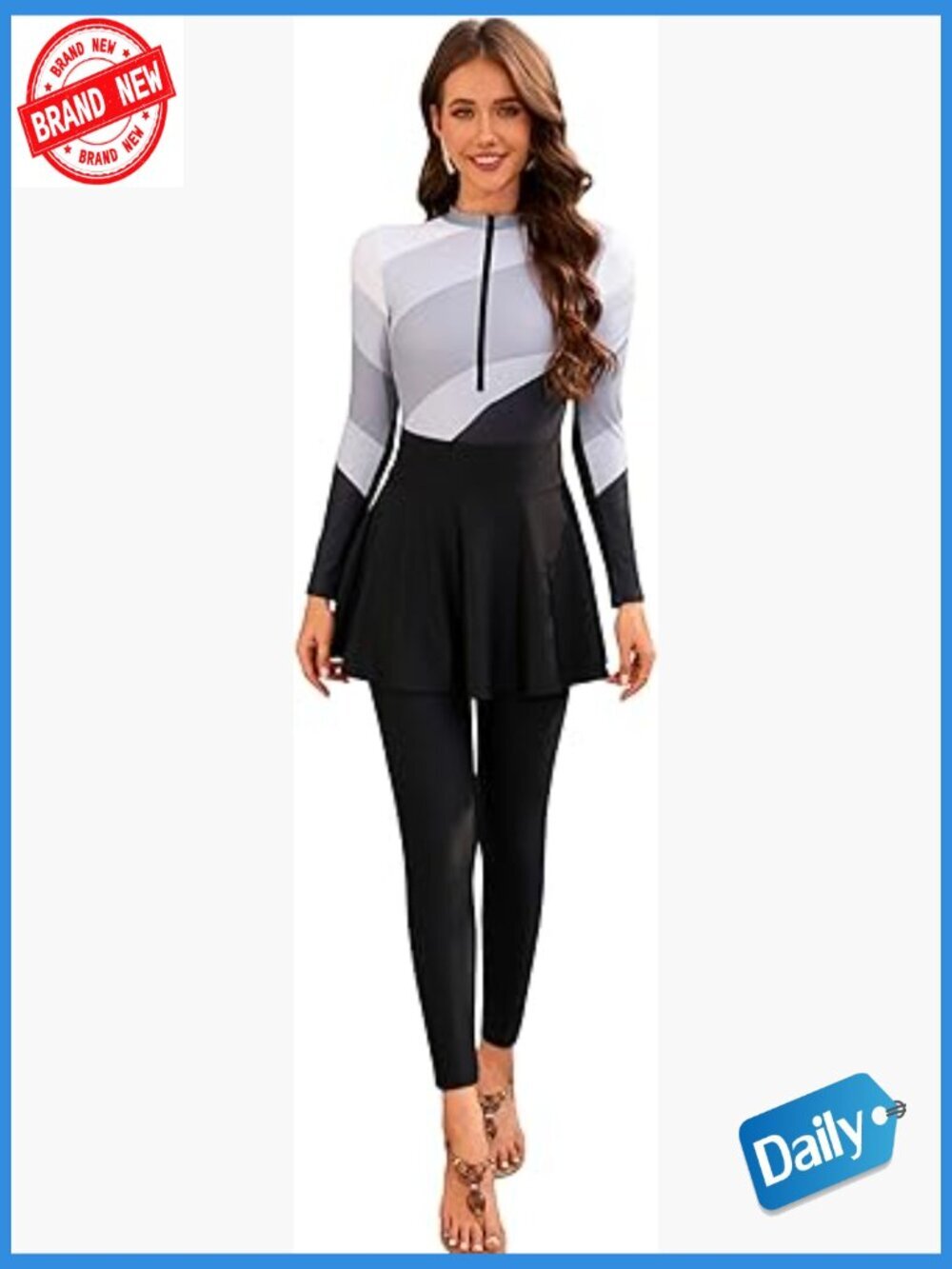 Modest One Piece Swimsuit with Cover Up Skirt and Pants Set 3PCS